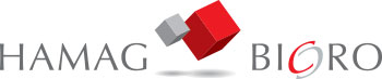Hamag Bicro logo with stylized red and gray 3D cubes between the words.